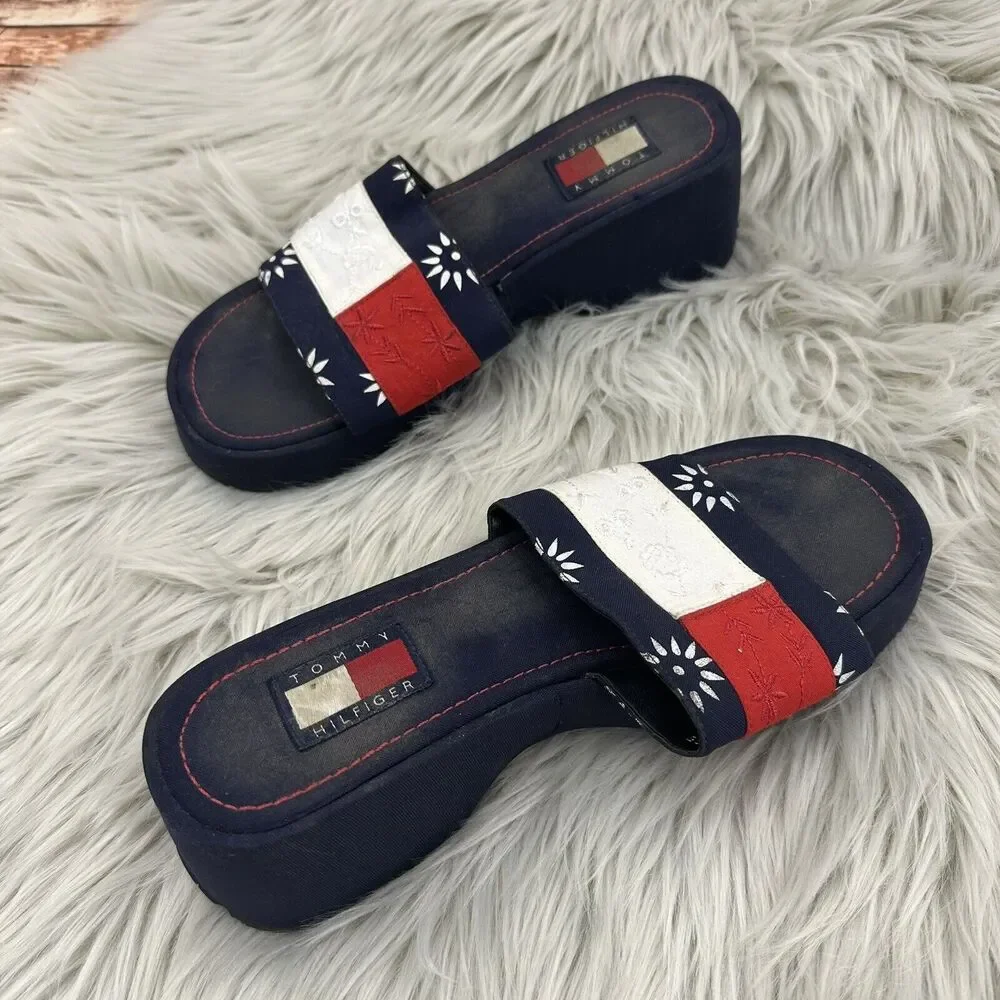 Tommy Hilfiger Women's Platform Slide Sandals Size 8.5 Chunky Y2K Flag Spellout